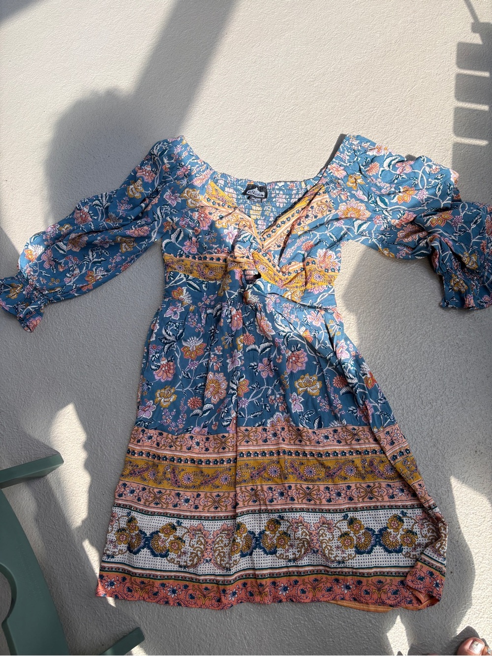 Angie Teal and Mustard Floral Long Sleeve Boho Dress